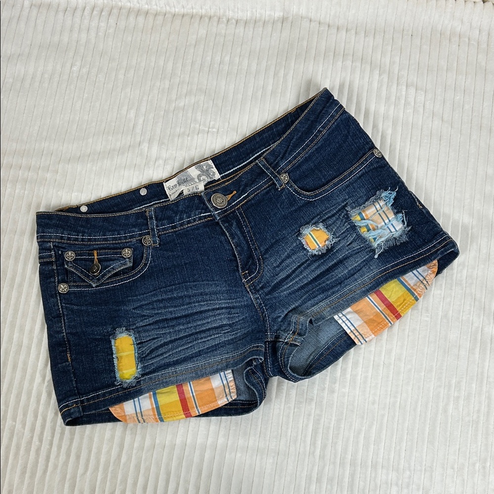 Retro raw blue button flap, distressed patchwork low rise denim, jean shorts 5/6